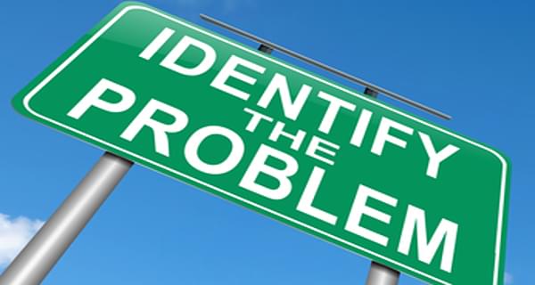 Illustration depicting a roadsign with an identify the problem concept. Sky background.